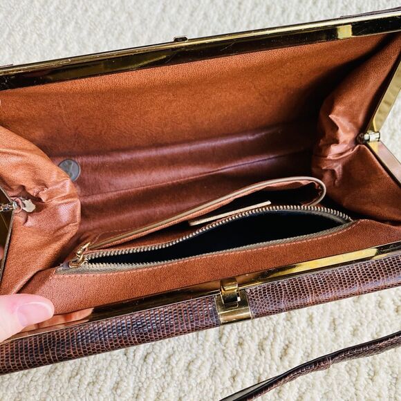 VTG Lizard Snake Alligator Skin Purse Caramel Brown Textured Leather Pocketbook - Picture 9 of 15